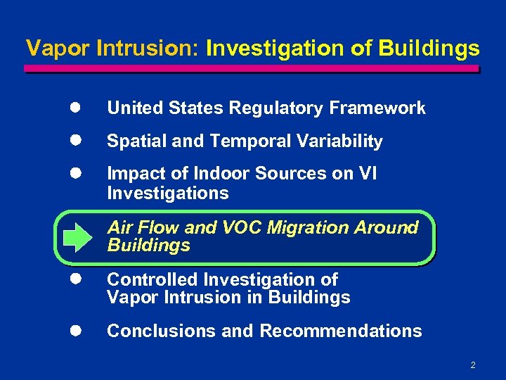 Vapor Intrusion: Investigation of Buildings l United States Regulatory Framework l Spatial and Temporal