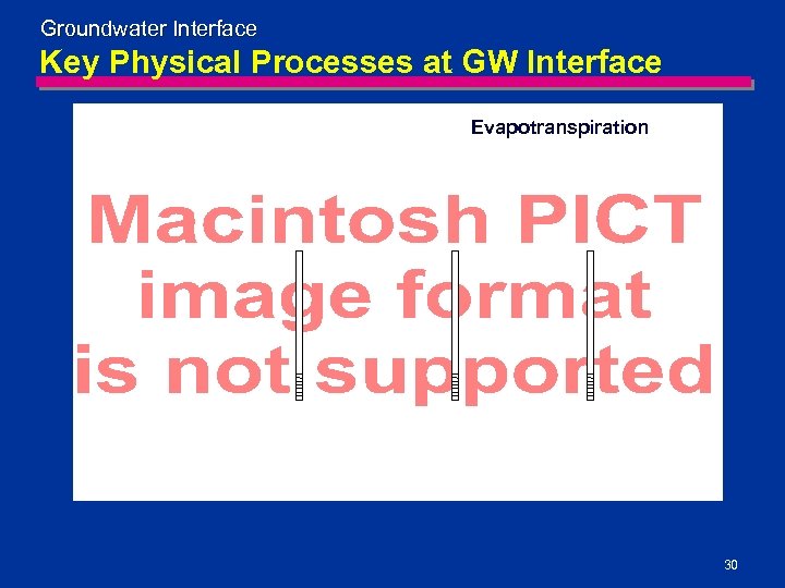 Groundwater Interface Key Physical Processes at GW Interface Evapotranspiration 30 