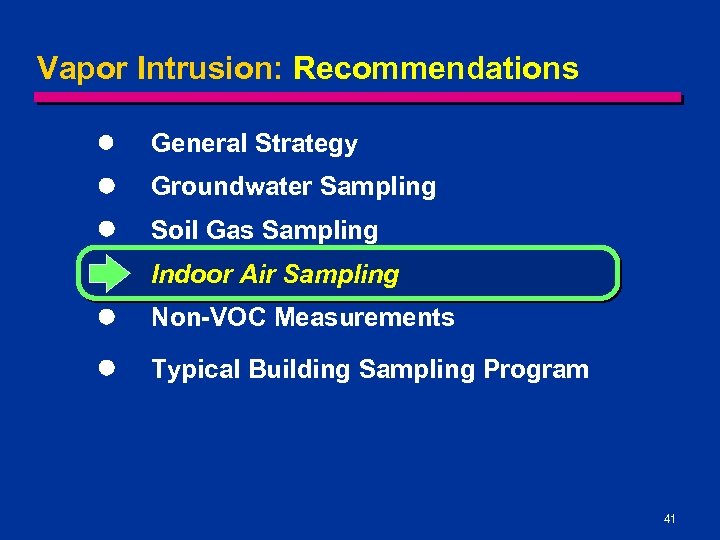 Vapor Intrusion: Recommendations l General Strategy l Groundwater Sampling l Soil Gas Sampling l