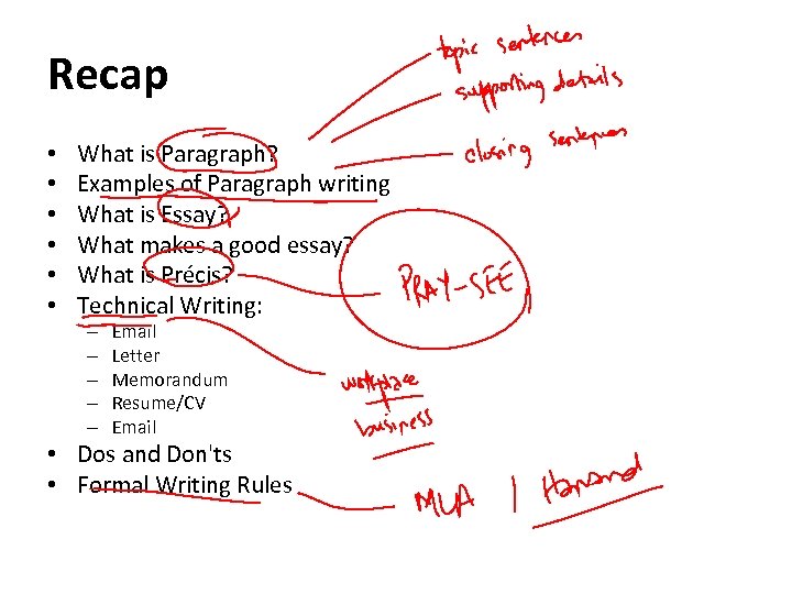 Recap • • • What is Paragraph? Examples of Paragraph writing What is Essay?