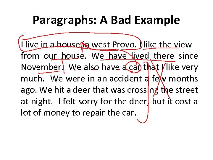 Paragraphs: A Bad Example I live in a house in west Provo. I like