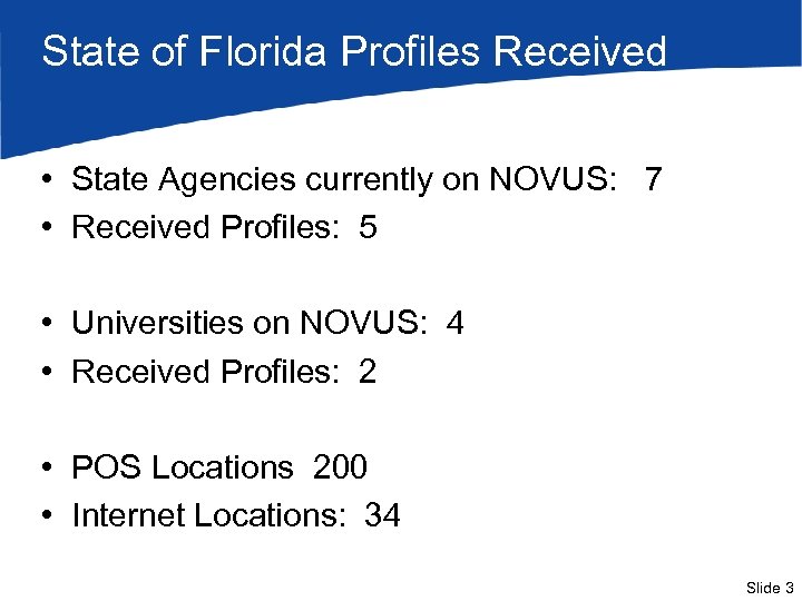 State of Florida Profiles Received • State Agencies currently on NOVUS: 7 • Received