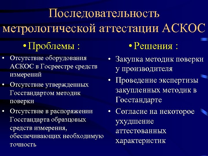 Последовательность метрологической аттестации АСКОС • Проблемы : • Решения : • Отсутствие оборудования •