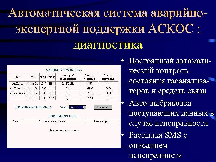 Автоматическая система аварийноэкспертной поддержки АСКОС : диагностика • Постоянный автоматический контроль состояния гаоанализаторов и
