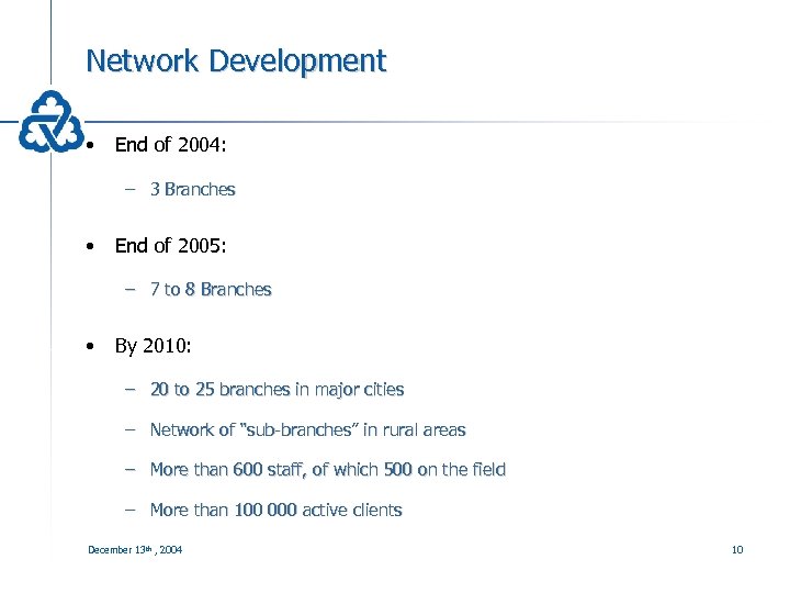 Network Development • End of 2004: – 3 Branches • End of 2005: –