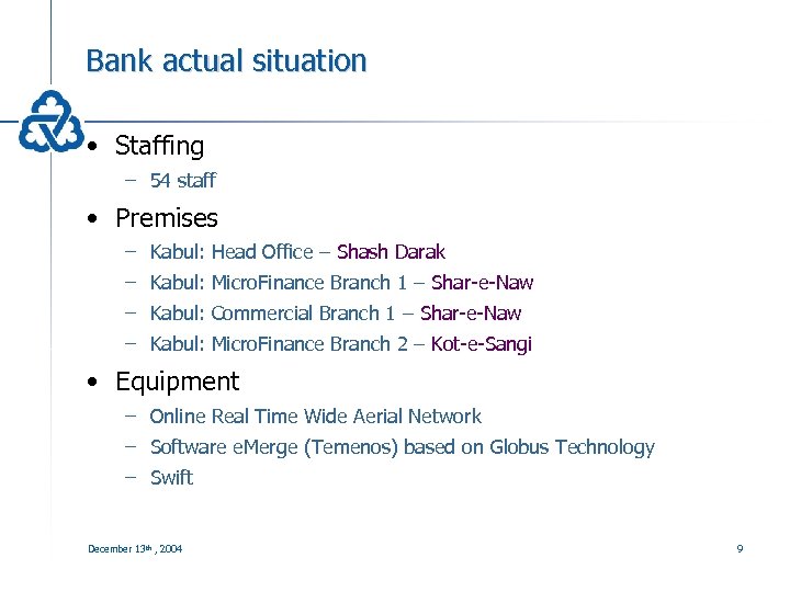 Bank actual situation • Staffing – 54 staff • Premises – Kabul: Head Office