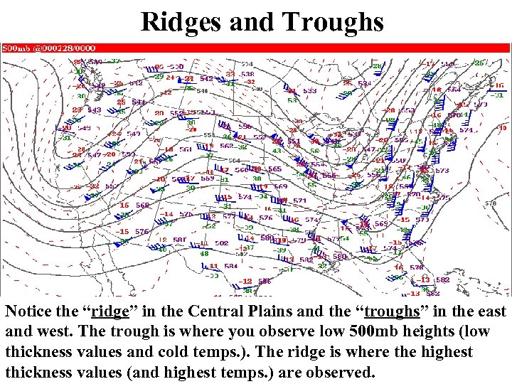 Ridges and Troughs Notice the “ridge” in the Central Plains and the “troughs” in