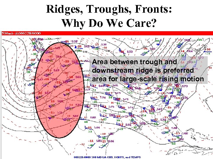 Ridges, Troughs, Fronts: Why Do We Care? Area between trough and downstream ridge is