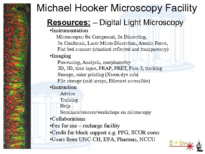 Michael Hooker Microscopy Facility Resources: – Digital Light Microscopy • Instrumentation Microscopes: 6 x