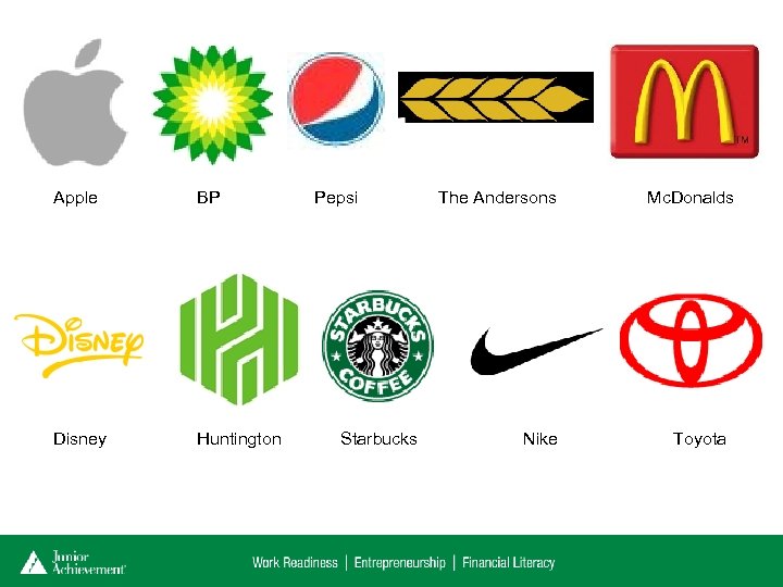 Apple BP Disney Huntington Pepsi Starbucks The Andersons Nike Mc. Donalds Toyota 