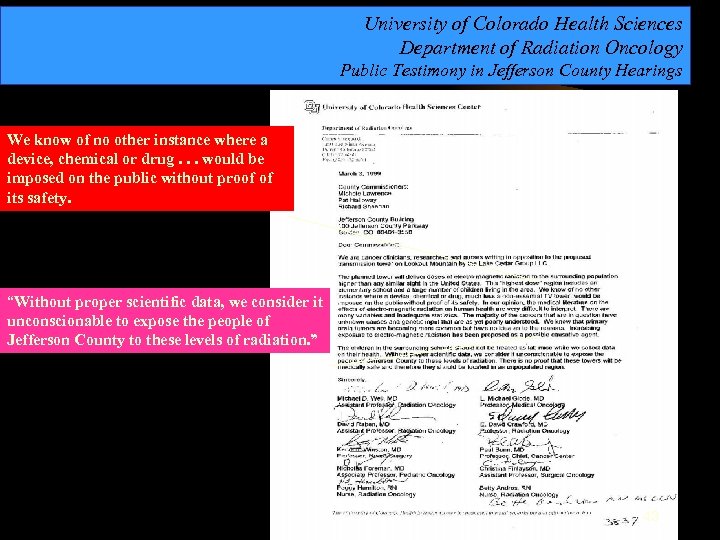 University of Colorado Health Sciences Department of Radiation Oncology Public Testimony in Jefferson County