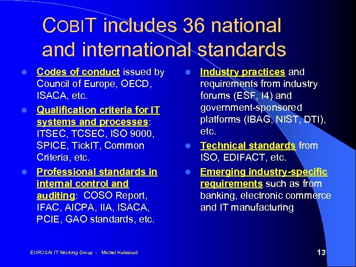 COBIT includes 36 national and international standards Codes of conduct issued by Council of