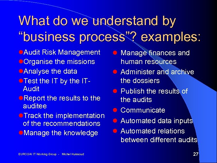 What do we understand by “business process”? examples: l. Audit Risk Management l. Organise
