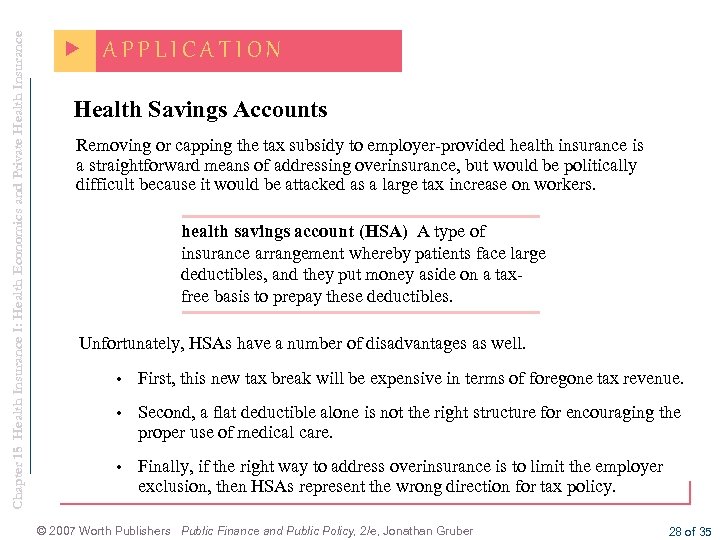 Chapter 15 Health Insurance I: Health Economics and Private Health Insurance APPLICATION Health Savings