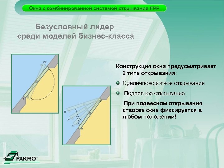 Окна с комбинированной системой открывания FPP Безусловный лидер среди моделей бизнес-класса Конструкция окна предусматривает