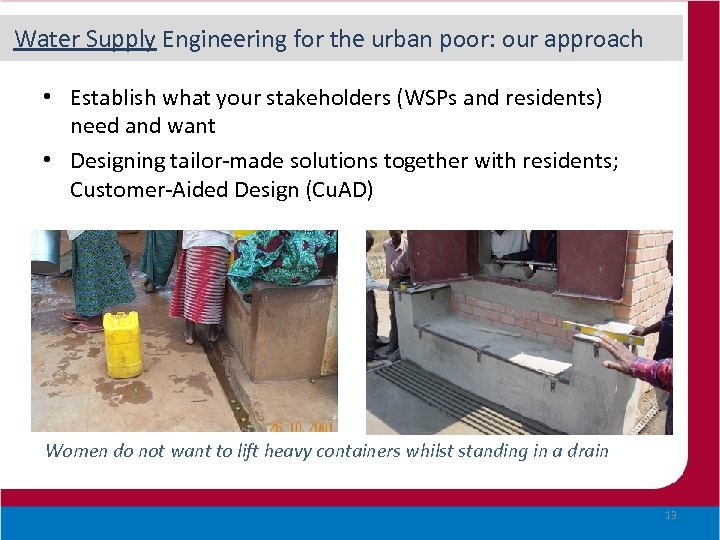 Water Supply Engineering for the urban poor: our approach • Establish what your stakeholders