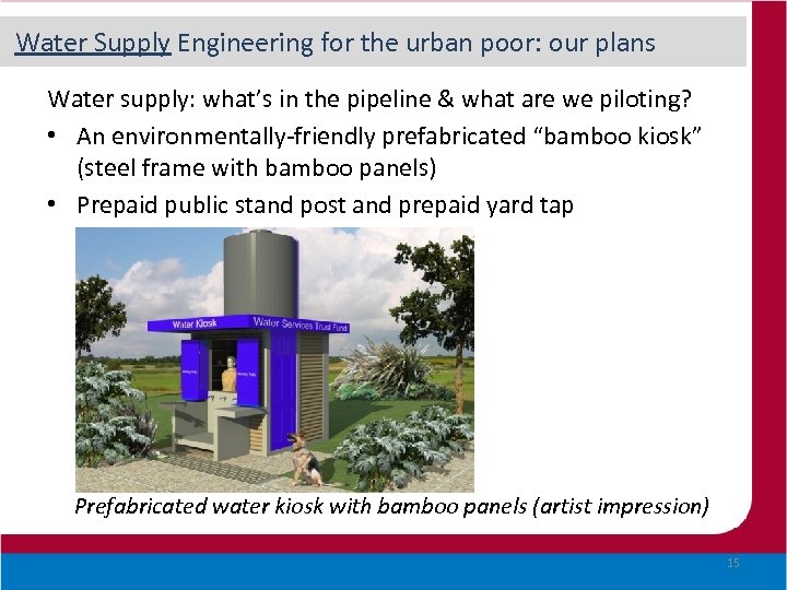 Water Supply Engineering for the urban poor: our plans Water supply: what’s in the