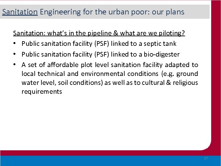 Sanitation Engineering for the urban poor: our plans Sanitation: what’s in the pipeline &