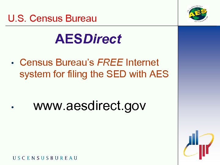 U. S. Census Bureau AESDirect • • Census Bureau’s FREE Internet system for filing