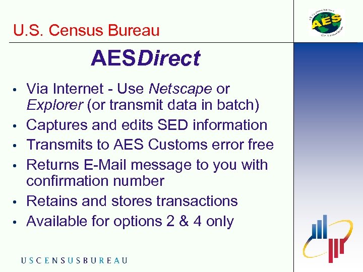 U. S. Census Bureau AESDirect • • • Via Internet - Use Netscape or