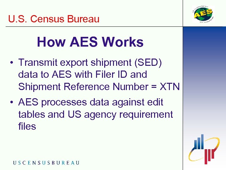 U. S. Census Bureau How AES Works • Transmit export shipment (SED) data to