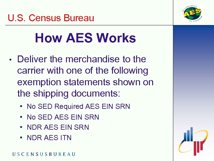 U. S. Census Bureau How AES Works • Deliver the merchandise to the carrier