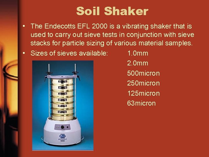 Soil Shaker • The Endecotts EFL 2000 is a vibrating shaker that is used