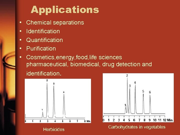 Applications • • • Chemical separations Identification Quantification Purification Cosmetics, energy, food, life sciences