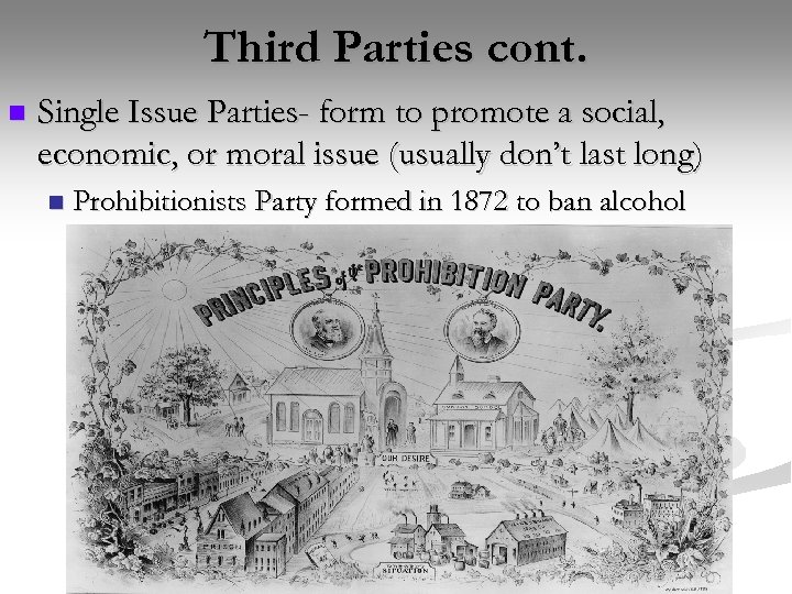 Third Parties cont. n Single Issue Parties- form to promote a social, economic, or