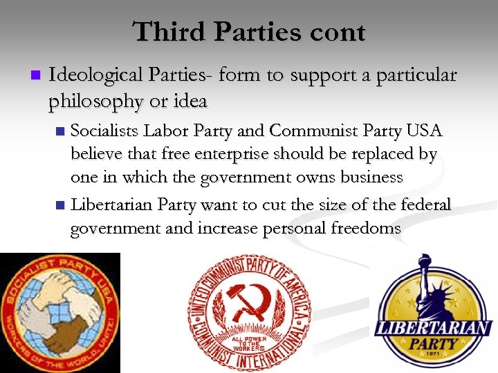 Third Parties cont n Ideological Parties- form to support a particular philosophy or idea