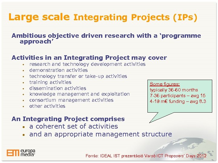 Large scale Integrating Projects (IPs) Ambitious objective driven research with a ‘programme approach’ Activities