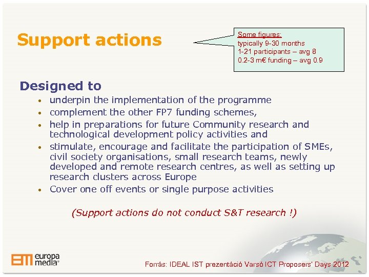 Support actions Some figures: typically 9 -30 months 1 -21 participants – avg 8