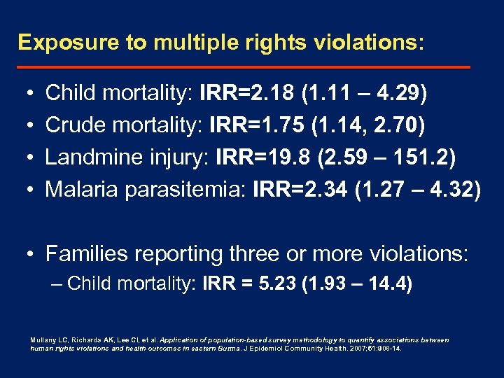 Exposure to multiple rights violations: • • Child mortality: IRR=2. 18 (1. 11 –