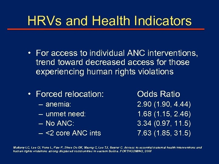 HRVs and Health Indicators • For access to individual ANC interventions, trend toward decreased