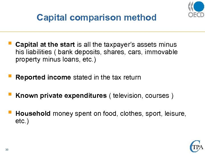 Capital comparison method § Capital at the start is all the taxpayer’s assets minus