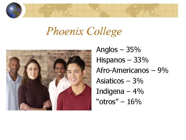 Phoenix College Anglos – 35% Hispanos – 33% Afro-Americanos – 9% Asiaticos – 3%