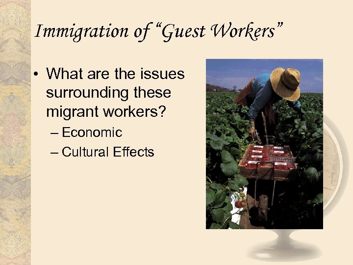 Immigration of “Guest Workers” • What are the issues surrounding these migrant workers? –