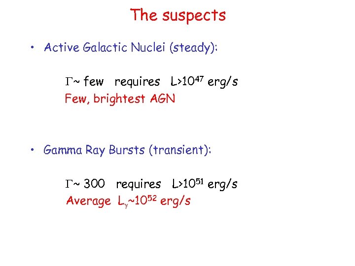 The suspects • Active Galactic Nuclei (steady): G~ few requires L>1047 erg/s Few, brightest
