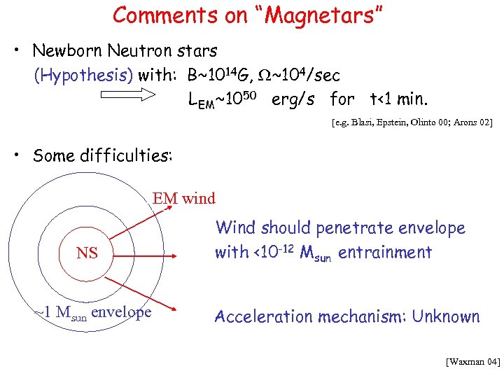 Comments on “Magnetars” • Newborn Neutron stars (Hypothesis) with: B~1014 G, W~104/sec LEM~1050 erg/s
