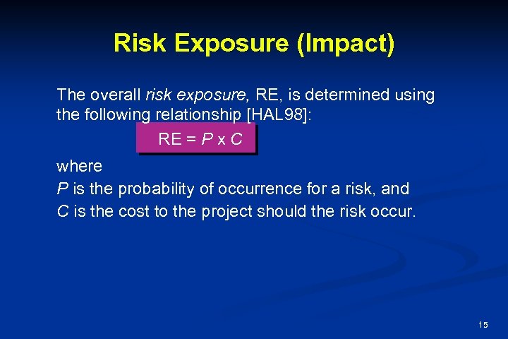 Risk Exposure (Impact) The overall risk exposure, RE, is determined using the following relationship