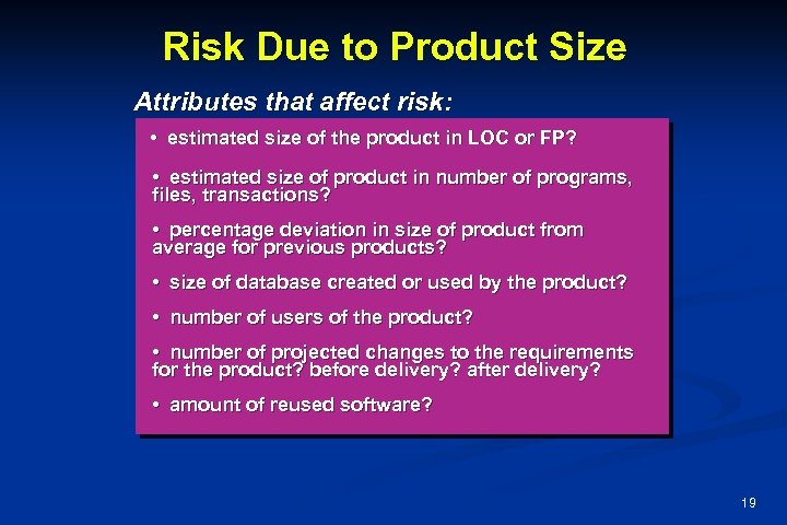 Risk Due to Product Size Attributes that affect risk: • estimated size of the