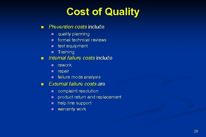 Cost of Quality n Prevention costs include n n n Internal failure costs include