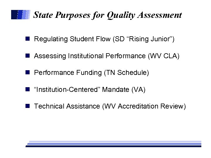 State Purposes for Quality Assessment n Regulating Student Flow (SD “Rising Junior”) n Assessing
