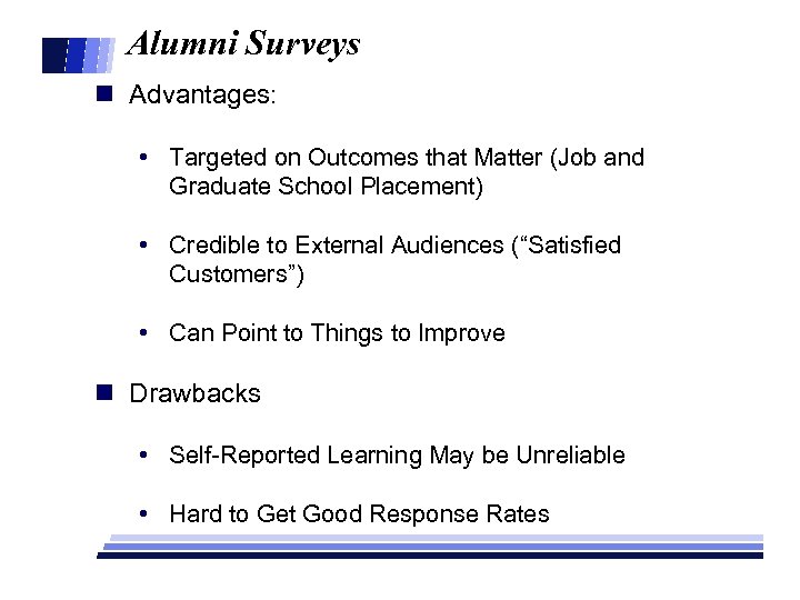 Alumni Surveys n Advantages: • Targeted on Outcomes that Matter (Job and Graduate School