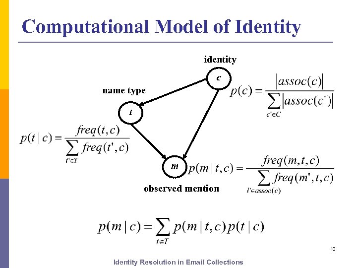 Computational Model of Identity identity c name type t m observed mention 10 Identity