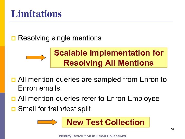 Limitations p Resolving single mentions Scalable Implementation for Resolving All Mentions All mention-queries are