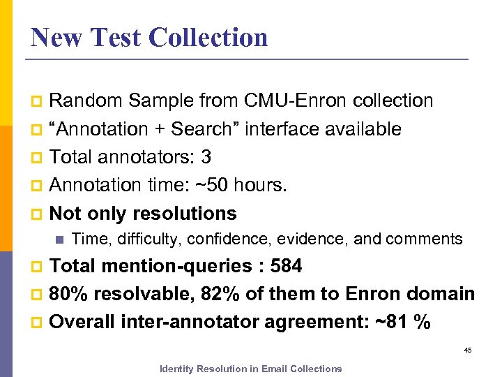 New Test Collection Random Sample from CMU-Enron collection p “Annotation + Search” interface available