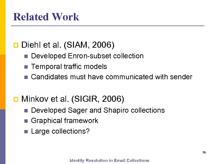 Related Work p Diehl et al. (SIAM, 2006) n n n p Developed Enron-subset