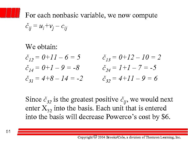 For each nonbasic variable, we now compute čij = ui+vj – cij We obtain: