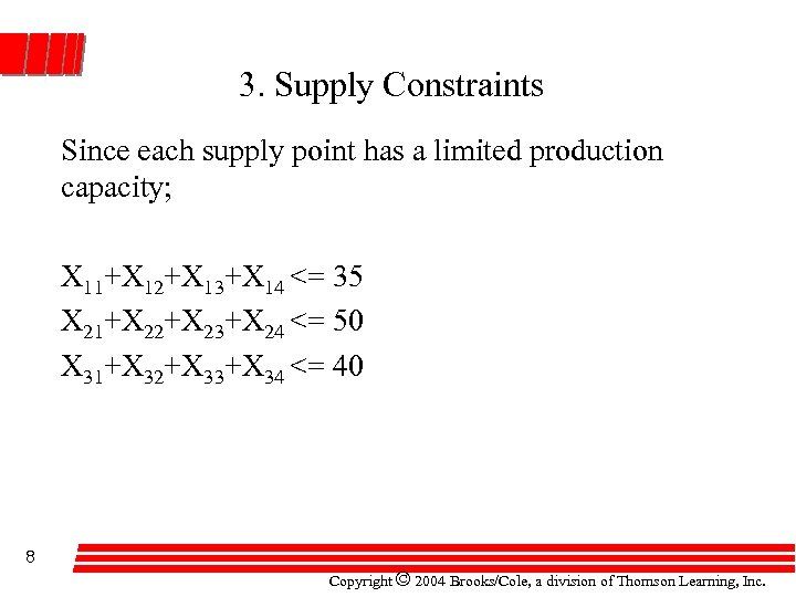 3. Supply Constraints Since each supply point has a limited production capacity; X 11+X
